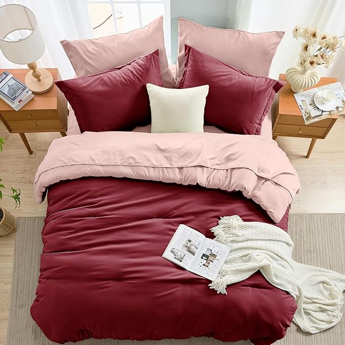 MUXHOMO 7 Pieces Queen Comforter Set, Soft Bed in a Bag Queen Size, All Season Bedding Set with Comforter, Flat Sheet, Fitted Sheet, Pillowcases & Shams, Burgundy & Rose Gold