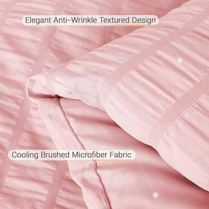 MUXHOMO 7 Pieces California King Comforter Set, Seersucker Bed in a Bag Cal King Size, All Season Luxury Bedding Set with Comforter, Flat Sheet, Fitted Sheet, Pillowcases & Shams, Pink