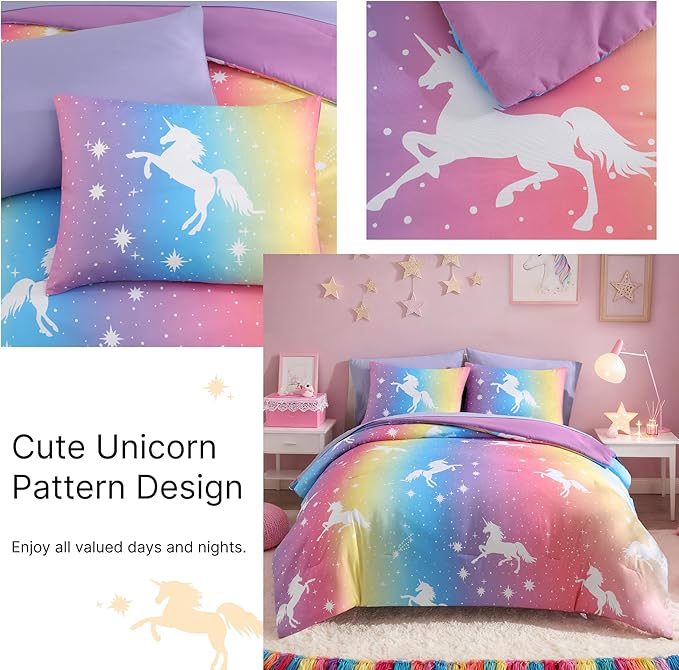 Twin Comforter Set for Girls, Kids - 5 Pieces Rainbow Unicorn Patterns Twin Bedding Sets for Girls Teen, Soft Cozy Bed in A Bag with Sheets
