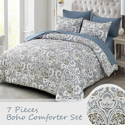 Drucon Blue Paisley Comforter Set Full,7 Pieces Bed in a Bag Comforter Boho Paisley Pattern Bedding Set Soft Microfiber(1 Comforter,1 Flat Sheet, 1 Fitted Sheet,2 Pillowcases, 2 Pillow Shams)