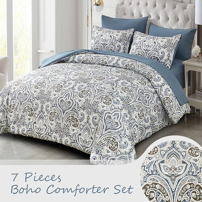 Drucon Blue Paisley Comforter Set Queen,7 Pieces Bed in a Bag Comforter Boho Paisley Pattern Bedding Set Soft Microfiber(1 Comforter,1 Flat Sheet, 1 Fitted Sheet,2 Pillowcases, 2 Pillow Shams)