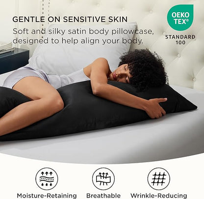 Bedsure Body Pillow Pillowcase - Cooling and Silky Long Body Pillow Covers with Envelope Closure, Satin Similar to Silk Pillowcase for Hair and Skin,Black,20x54 Inches