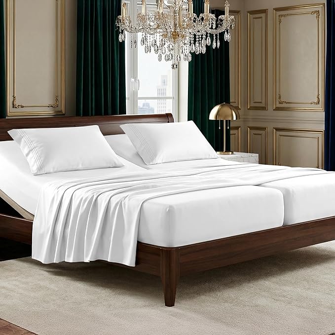 Elegant Comfort Luxurious 1500 Premium Hotel Quality Microfiber Three Line Embroidered Softest 5-Piece Bed Sheet Set, Wrinkle and Fade Resistant, Split King, White