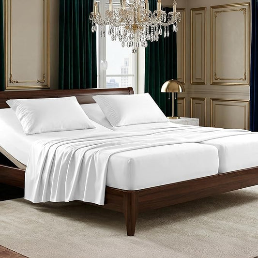 Elegant Comfort Luxurious 1500 Premium Hotel Quality Microfiber Three Line Embroidered Softest 5-Piece Bed Sheet Set, Wrinkle and Fade Resistant, Split King, White