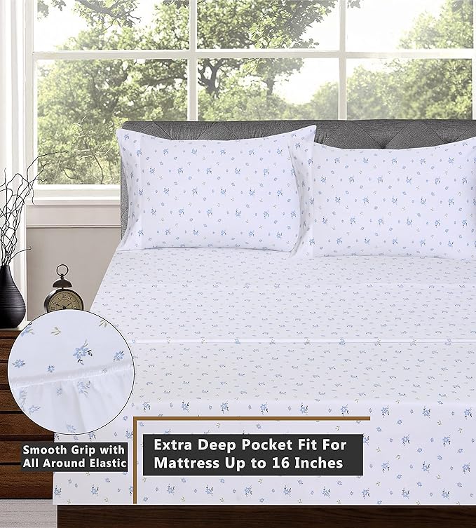 RUVANTI 100% Cotton Sheets – Queen Size Percale Bedding, Cooling & Breathable Floral Design, Durable with a Crisp, Soft & Comfortable Feel, 16" Deep Pocket, 4-Piece Set, Phulkari