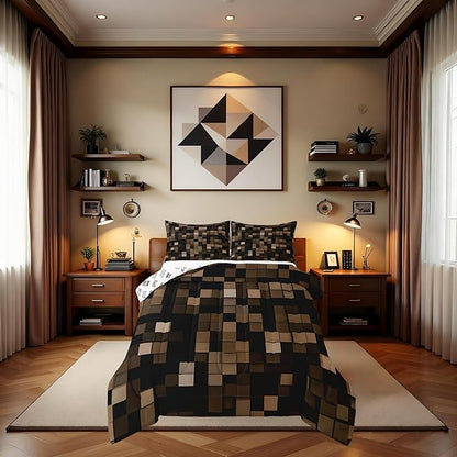 Pixel Grid Miners Kids Bedding Set King Size,Video Games Plaid Lattice Comforter Set，Geometric Modern Check Quilt Comforter,Brown Bedroom Duvet Insert,2 Pillowcases