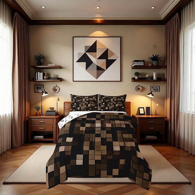 Pixel Grid Miners Kids Comforter Set Queen Size,Video Games Plaid Lattice Bedding Set,Girls Boys Room Decor,Geometric Modern Check Quilt Comforter,Brown Duvet Set Bedroom Quilt Set,2 Pillowcases