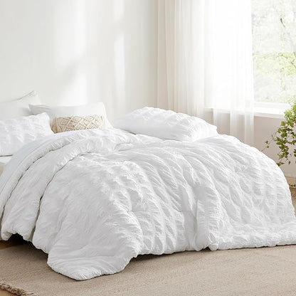 Bedsure Plaid Seersucker Comforter Sets Twin Size Bed 5 Piece, Soft Lightweight White Bedding All Season Twin Bed in a Bag Set with Comforters, Sheets, Pillowcases & Shams