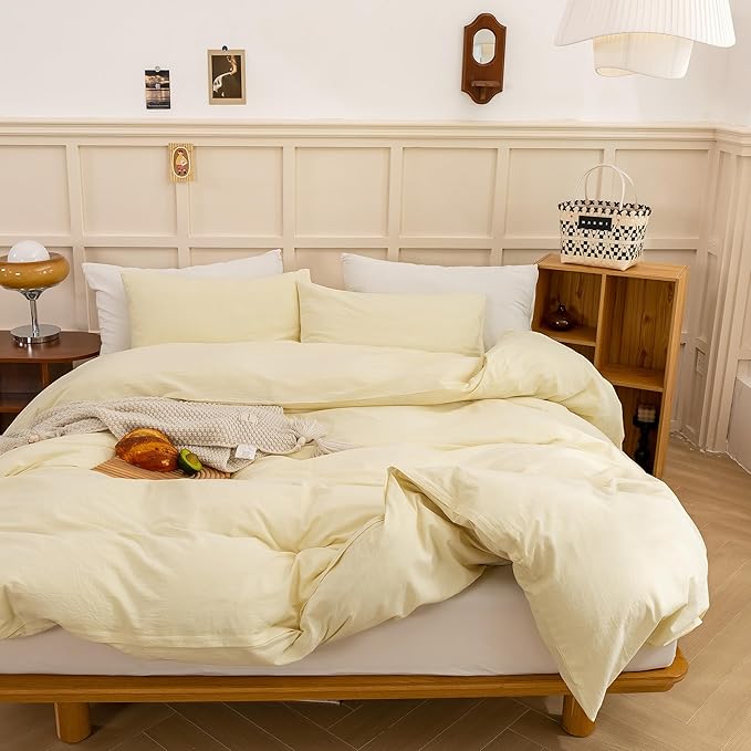 ECOCOTT Duvet Cover King Size, 100% Washed Cotton Linen-Like Soft & Breathable, Durable Comfy Bedding Set for All Seasons Light Yellow
