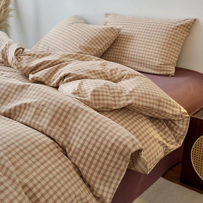 EAVD Vintage Style Pink&Tan Plaid Duvet Cover Queen Soft 100% Washed Cotton Chic Checkered Gingham Bedding Set with 2 Pillowcases Farmhouse Gingham Duvet Cover with Zipper Closure