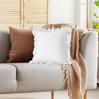KKJIAF Ruffle Pillow Cases 18x18 Inches, White Square Ruffled Pillow Covers Set of 2, Microfiber Wrinkle Resistant Pillow Shams with Envelope Closure for Sofa Bed Living Room