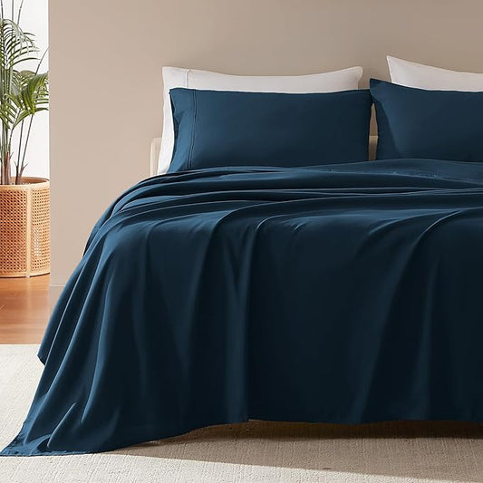 SLEEP ZONE Nanotex Super Soft Cooling Twin Bed Sheets Set for Kids 3 Piece - Easy Care Fitted Flat Sheet & Pillowcase Sets - Wrinkle Free, Fade Resistant, Deep Pocket 16" (Navy Blue, Twin)