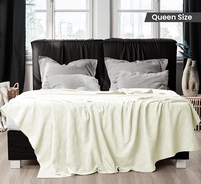 Utopia Bedding Ivory 100% Cotton Blanket [Queen Size - 90x90 Inch] Lightweight, Soft and Breathable Thermal Blanket for All Seasons