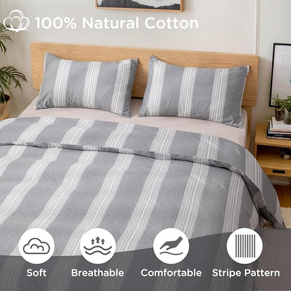 TOCOMOA Striped Duvet Cover Set 100% Natural Cotton Soft Comfy Breathable 3 Piece Light Grey and White Pattern Printed Comforter Cover Bedding Set (Queen 90"x90", Comforter Not Included)