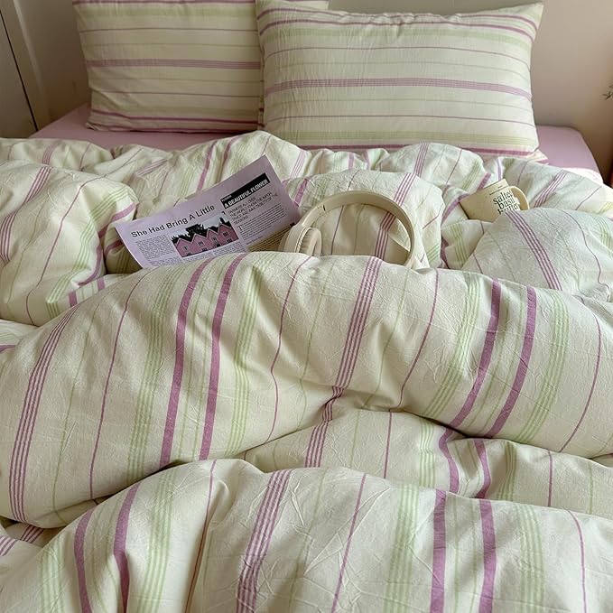 EAVD Vintage Striped Comforter Set Queen Soft Cotton Retro Purple&Green Vertical Striped Bedding Set with 2 Pillowcases Boho Geometric Pattern Comforter Set for All-Season Breathable Lightweight