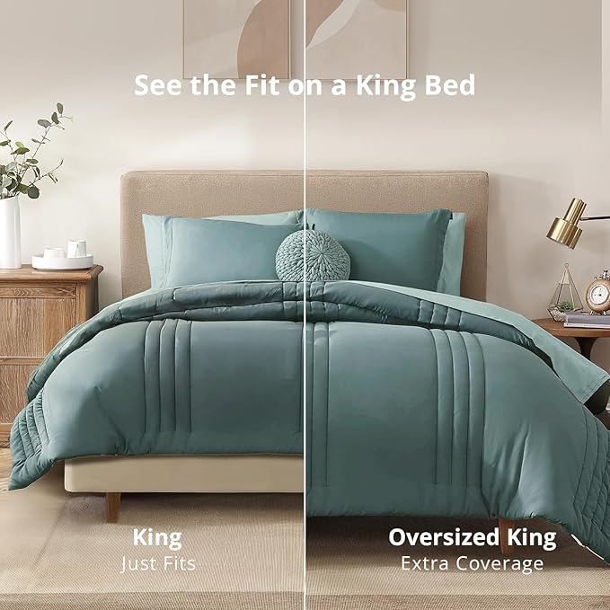 Monbix Oversized King Size Comforter Set - 7 Pieces Blue Green Bed in a Bag Oversized King Bedding Sets with Comforters, All Seasons Comforter Bed Set with Sheets, Pillowcases & Shams