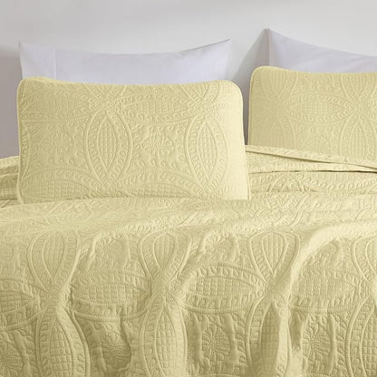 Chezmoi Collection Austin Queen Oversized Bedspread Set, 3-Piece Pinsonic Quilted Lightweight Microfiber Bedspread Coverlet, Pastel Yellow | Oversized, Lightweight, Fade Resistant
