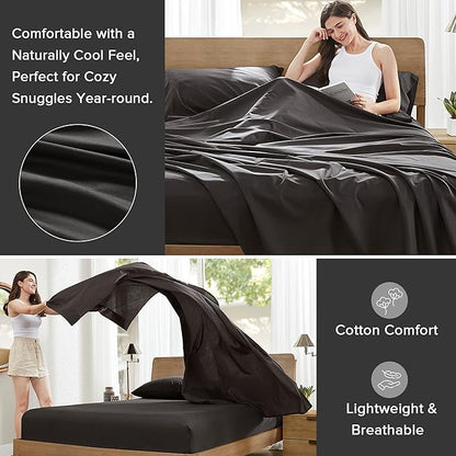 Comfort Spaces 100% Cotton Sheets Twin, Breathable & Ultra Soft Cotton Sheets, Naturally Cool Cotton Bed Sheets with 12" Elastic Pocket Fits up to 14" Mattress, All Season Sheet Set, Black, 3 Piece