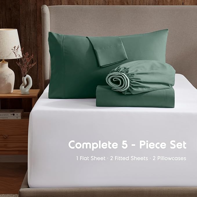 Nestl Split King Sheet Set - 1800 Ultra-Soft Microfiber Bed Sheets - Double Brushed - Deep Pockets - Easy Fit - 5 Piece Set - Bed Sheets & Pillowcases (Split King Size, Dark Green)