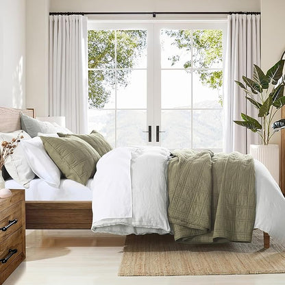 HORIMOTE HOME 100% Cotton Quilt Queen Size Olive Green Bedspread, Pre-Washed 3-Piece Cozy Lightweight Stitching Bedding Cover Coverlet Set with 2 Shams in Geometric Pattern for All Season