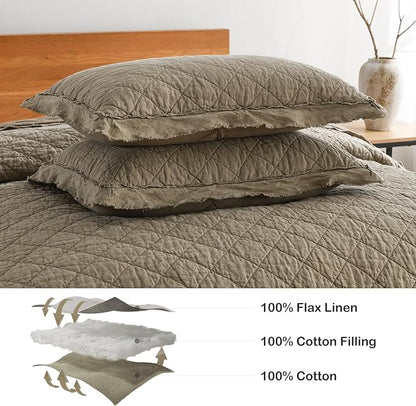 HORIMOTE HOME 100% Linen Front/100% Cotton Back Quilt Set King Size, Olive Green Pre-Washed European Flax Linen Quilt, Diamond Stitch Bedspread Coverlet Bedding Set 3-Piece for All Seasons