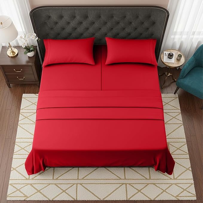 Elegant Comfort Luxurious 1500 Premium Hotel Quality Microfiber Three Line Embroidered Softest 5-Piece Bed Sheet Set, Wrinkle and Fade Resistant, Split King, Red