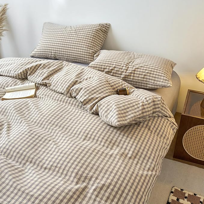 EAVD Vintage Style Grey Plaid Duvet Cover Twin Soft 100% Washed Cotton Chic Grey Checkered Gingham Bedding Set with 2 Pillowcases Farmhouse Gingham Duvet Cover with Zipper Closure