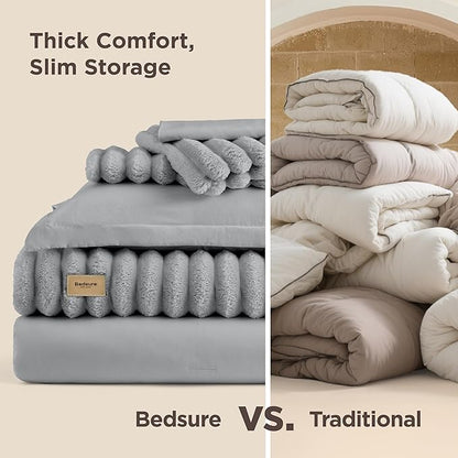 Bedsure Gentlesoft™ 2-in-1 King Size Comforter Set and Detachable Fluffy Blanket, Grey Bedding Set for All Season Use, SnapTech™ Design for Space Saving (Includes 2 Pillow Shams, 2 Pillowcases)