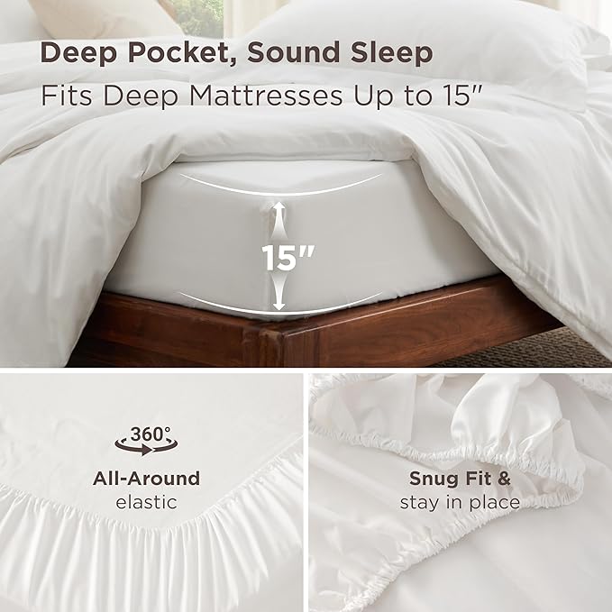 Bedsure Duvet Cover with Fitted Sheet King - Cooling Deep Pocket, Hotel Luxury Soft Double Brushed Bedding Set with Zipper Closure, 1 Duvet Cover, 1 Fitted Sheet, 2 Pillow Shams, NO Comforter, White