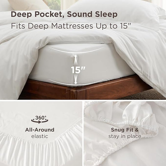 Bedsure Duvet Cover with Fitted Sheet Queen - Cooling Deep Pocket, Hotel Luxury Soft Double Brushed Bedding Set with Zipper Closure, 1 Duvet Cover, 1 Fitted Sheet, 2 Pillow Shams, NO Comforter, White
