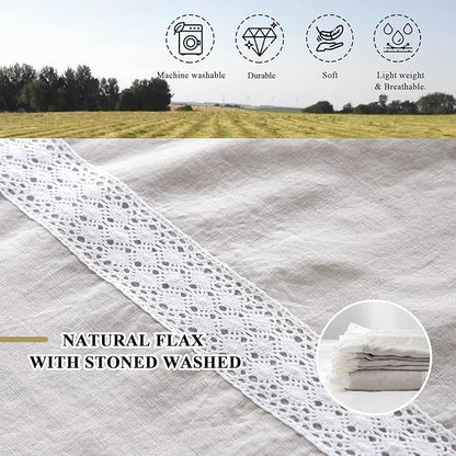 Simple&Opulence 100% Linen Duvet Cover Set (88"x92") Floral Flax Queen Size, Shabby Chic Ruffle Edge Lace Insert Decoration, 3 Pcs Farmhouse Bedding-1 Comforter Cover 1 Pillow Shams, Floral Grey