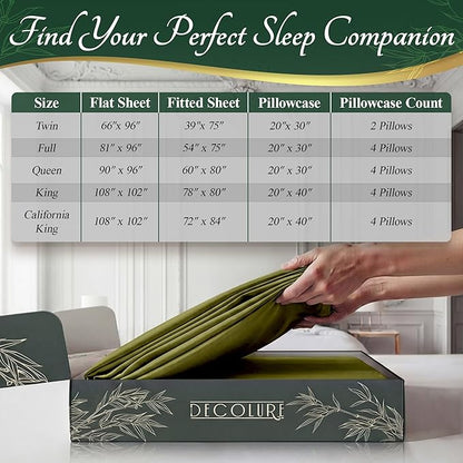 DECOLURE 100% Viscose Derived from Bamboo Sheets Queen Size - Luxury 6 Pc Naturally Cooling Sheets, Ultra Soft Bed Set - Deep 17" Pockets, Durable Double Stitching, Oeko Tex Standard (Light Olive)