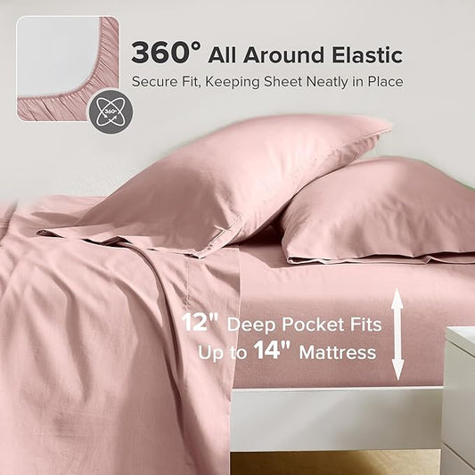 Comfort Spaces 100% Cotton Sheets Twin, Breathable & Ultra Soft Cotton Sheets, Naturally Cool Cotton Bed Sheets with 12" Elastic Pocket Fits up to 14" Mattress, All Seasons Sheet Set, Pink 3 Piece