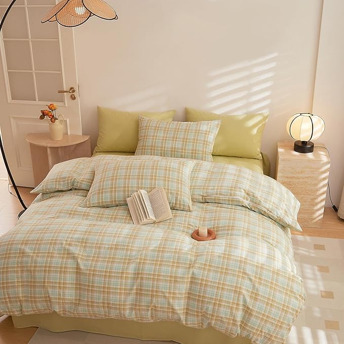 HighBuy Green Khaki Plaid Comforter Set Twin XL Modern Chic Gingham Bed Comforter with 2 Pillowcases Vintage Checkered Grid Fluffy Comforter Sets for Teen Girls,Breathable Comfy Farmhouse
