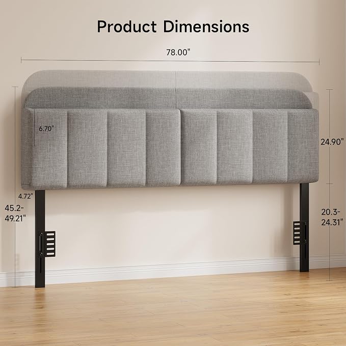 Headboard for Full/Queen Size with LED Light, Upholstered Bed HeadBoard with Storage, Linen Fabric Head Board with Vertical Channel Design, Height Adjustable, Easy to Assemble, Light Grey