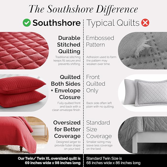 Southshore Fine Living, Inc. Twin XL Comforter Quilt Bedding Set, Dorm Room Bedding Essentials, Stain Resistant, Machine Washable Bedspread, Twin XL Red Quilt Bed Spread w/Pillow Sham, Chili Pepper