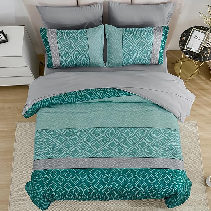 Dinjoy Teal Green King Size Comforter Set,Striped Boho Bed in a Bag King 7 Pieces Soft Bedding Comforters Sets with Sheet Beds Warm Microfiber Complete Set for All Season