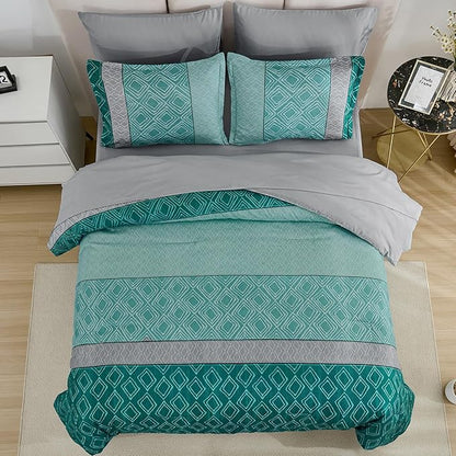 Dinjoy Teal Green King Size Comforter Set,Striped Boho Bed in a Bag King 7 Pieces Soft Bedding Comforters Sets with Sheet Beds Warm Microfiber Complete Set for All Season