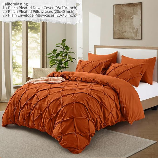 VACVELT 5 Piece Pinch Pleated Duvet Cover California King Size Set, Burnt Orange Pintuck Duvet Cover with Zipper & 8 Ties, Soft Microfiber Duvet Cover + 2 Pillow Shams + 2 Pillowcases, No Comforter