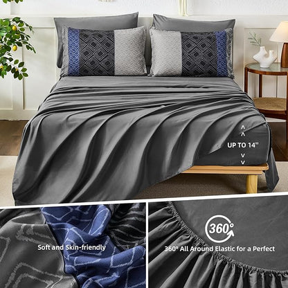 Dinjoy Boho Queen Comforter Set Blue Gray,7 Piece Bed in a Bag Queen Size Warm Striped Fall Bedding Sets with Plaid Comforters with Sheets for Family All Season