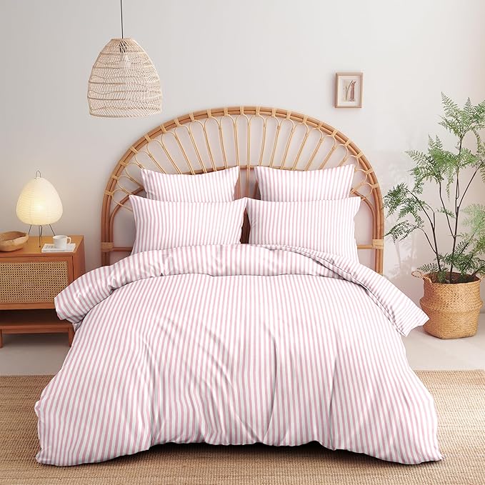 Nayoroom Pink Striped Duvet Cover Queen Size White Stripe Duvet Cover Dorm Bedding Set 3 Pieces Soft Lightweight Washed Microfiber Farmhouse Bedding Set Gifts for Women Men