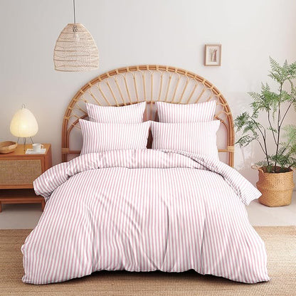 Nayoroom Pink Striped Duvet Cover Queen Size White Stripe Duvet Cover Dorm Bedding Set 3 Pieces Soft Lightweight Washed Microfiber Farmhouse Bedding Set Gifts for Women Men