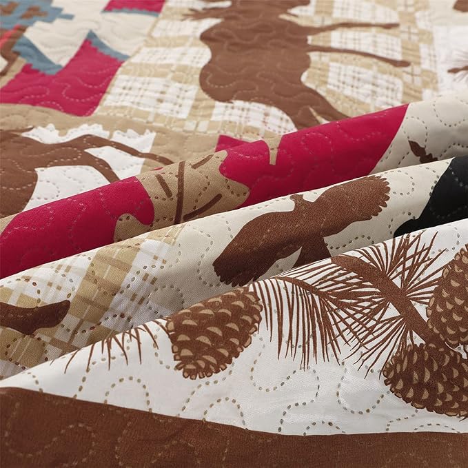 Ycosy Rustic Quilt Set Twin Size (68"x86") Bed Spread Lodge Lightweight Coverlet Reversible Bedding Cover Deer Bear Bedspreads Set with Elk Moose,1 Quilt + 2 Pillow Shams
