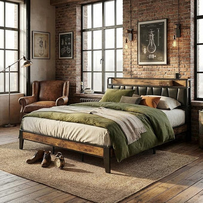 LIKIMIO California King Bed Frame, Storage Headboard with Charging Station, Solid and Stable, Noise Free, No Box Spring Needed, Easy Assembly (Vintage and Black)