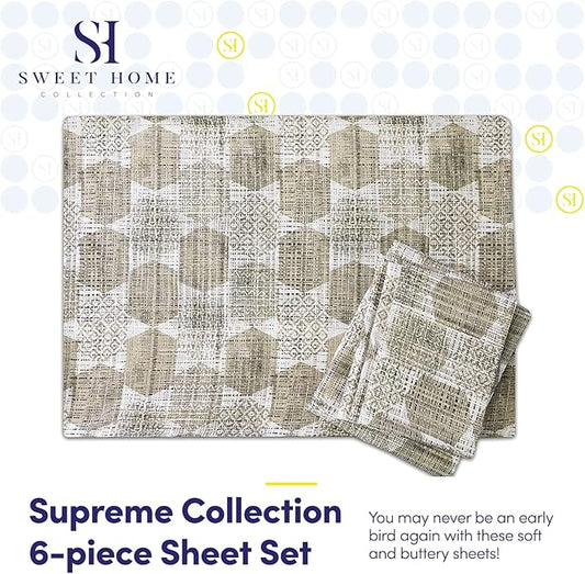 Queen Sheets Printed - 6 Piece 1500 Supreme Collection Fine Brushed Microfiber Deep Pocket Queen Sheet Set Bedding - 2 Extra Pillow Cases, Great Value, Queen, Monaco