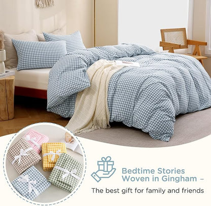 TOCOMOA Blue Gingham Duvet Cover Bedding Set 100% Washed Cotton Like Linen Feel Super Soft Comfortable 3 Piece Vintage Plaid Checkered Comforter Cover Set (Queen 90"x90", Comforter Not Included)
