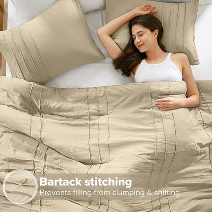 Comfort Spaces Khaki Twin Size Comforter Set - 2 Pieces Pintuck Pleated Bedding Sets, All Season Lightweight, Extra Softness Pre-Washed Microfiber Twin Bed Set, Shams, Twin
