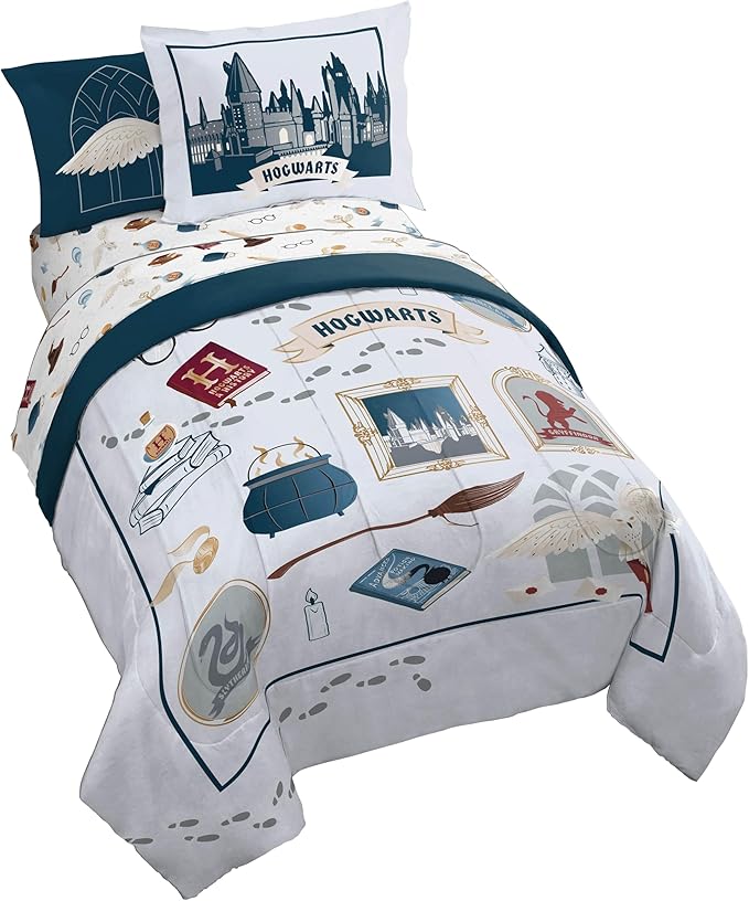 Jay Franco Kids Comforter Set Includes Sheets and Pillow Covers - Soft and Cozy Bed Set for Stylish Room Decor, Dark Grey - Harry Potter, 5 Piece Twin Size Bedding