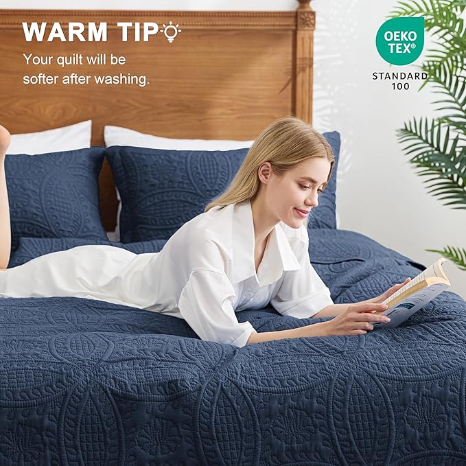 Love's cabin Quilts for Full Bed Navy Bedspreads Bedding Set - Summer Lightweight Bedspread Comforter - Coin Pattern Bedding Coverlet for All Season - 3 Pieces (1 Quilt, 2 Pillow Shams)