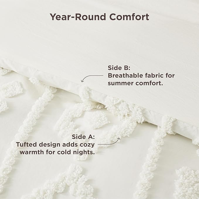 Bedsure Boho Tufted White Comforter King Size, GentleSoft™ 3 Pieces Boho Farmhouse Decor Bedding, Exquisite Shabby Chic Bedding for All Seasons, 1 Bed Comforter, 2 Pillow Shams, 104x90 Inches